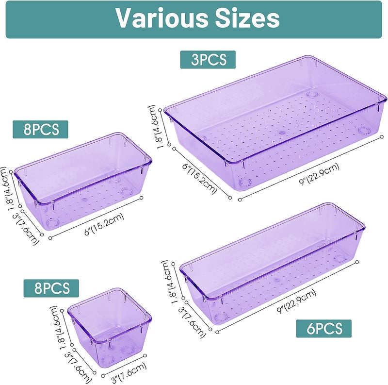 WOWBOX 25 PCS Plastic Drawer Organizer Set, Desk Drawer Divider Organizers and Storage Bins for Makeup, Jewelry, Gadgets for Kitchen, Bedroom, Bathroom, Office, Clear Purple - Image 2